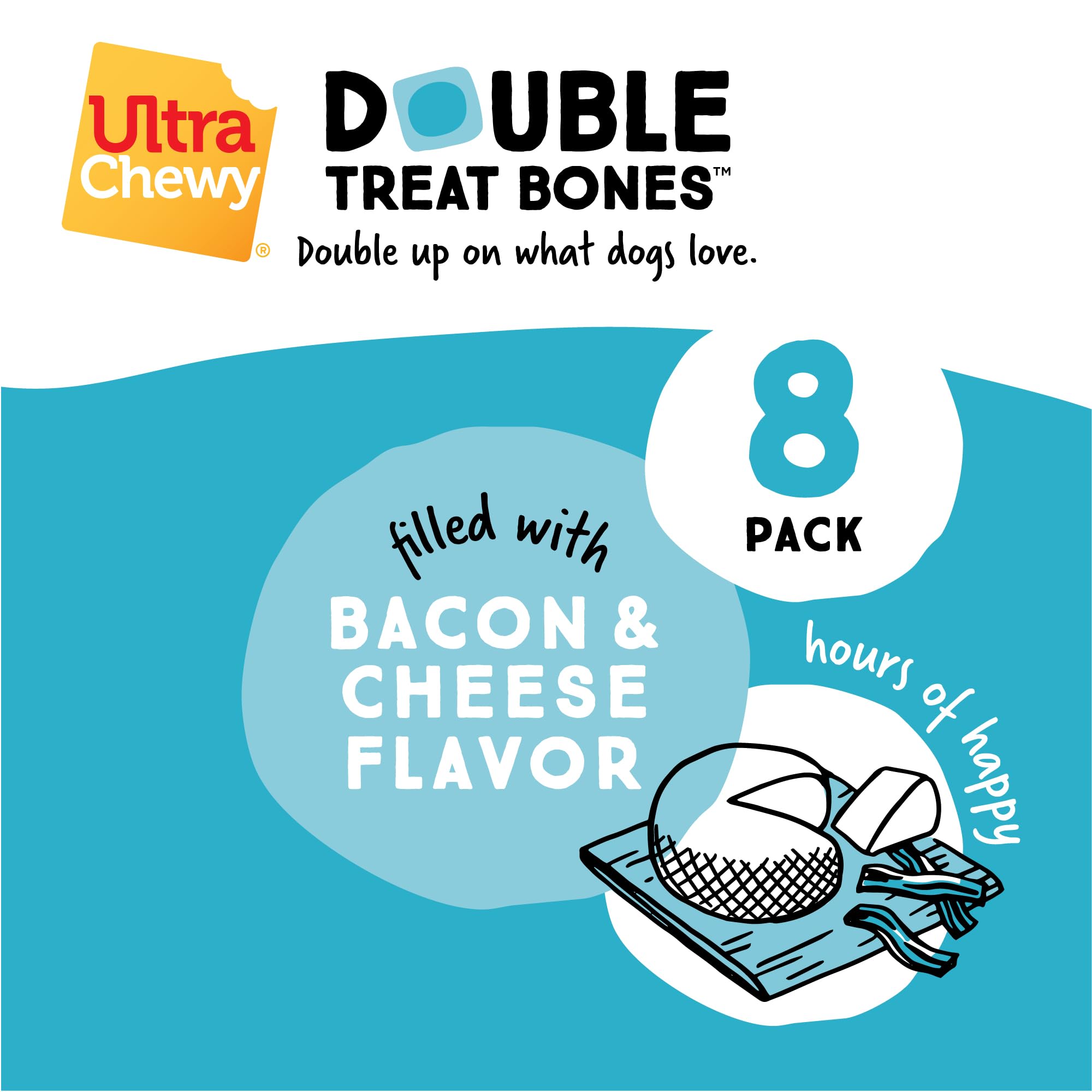 Ultra Chewy Double Treat Bones bacon cheese flavor close-up highlights savory aroma for dogs.