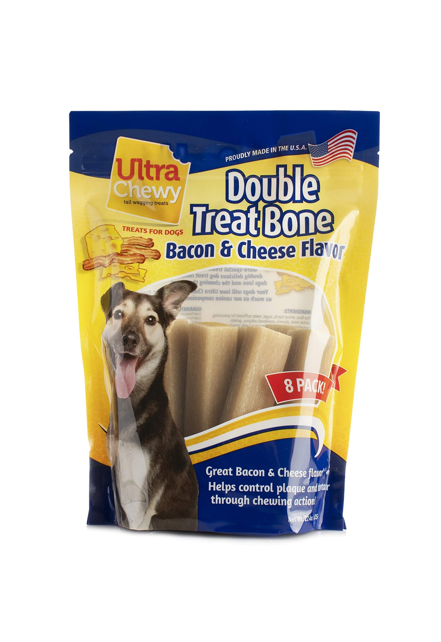Ultra Chewy Double Treat Bones made in USA label shown, domestic production assurance.