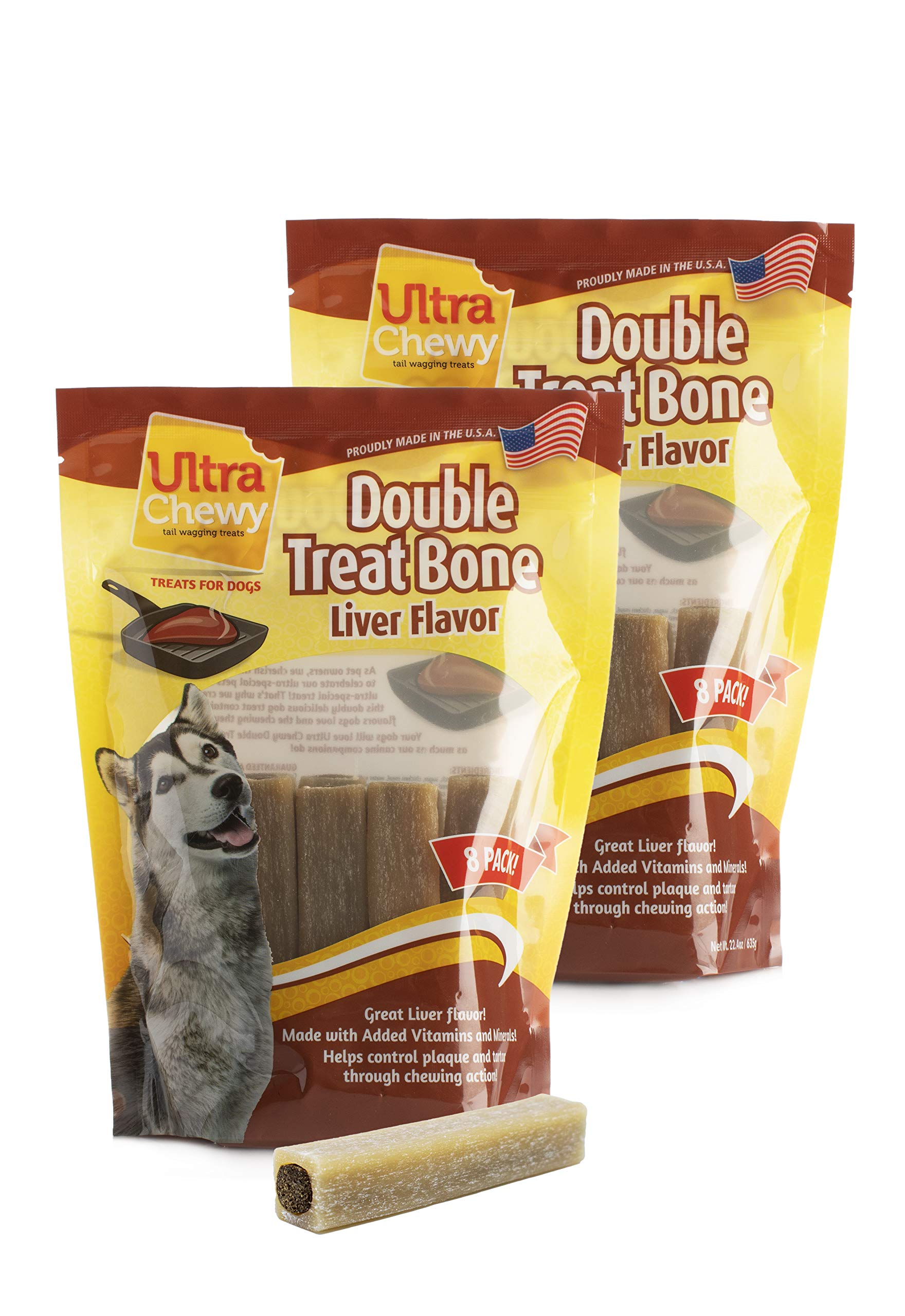 Ultra Chewy Double Treat Bones packaging highlights a long-lasting dental chew for dogs.