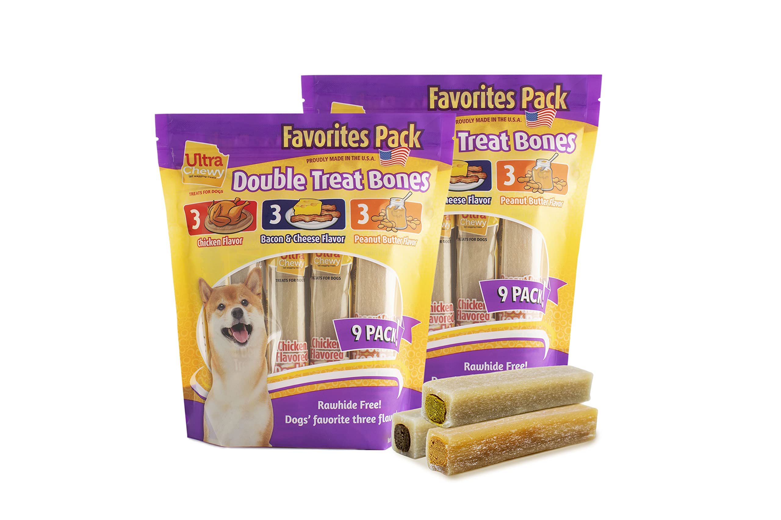 Ultra Chewy Favorites Double Treat Bones pack showing long-lasting chew for dogs.