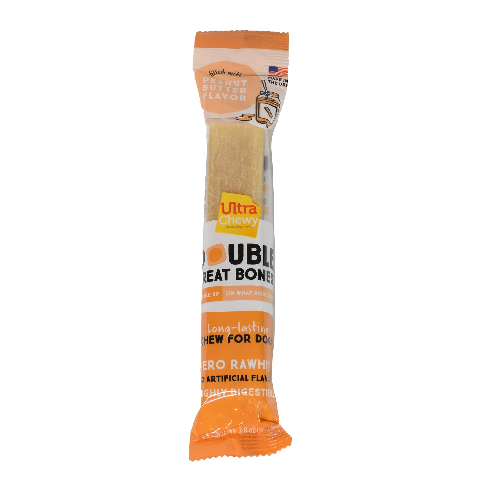 Ultra Chewy Peanut Butter Double Treat Bones all-sizes use shows suitability for large and small dogs.