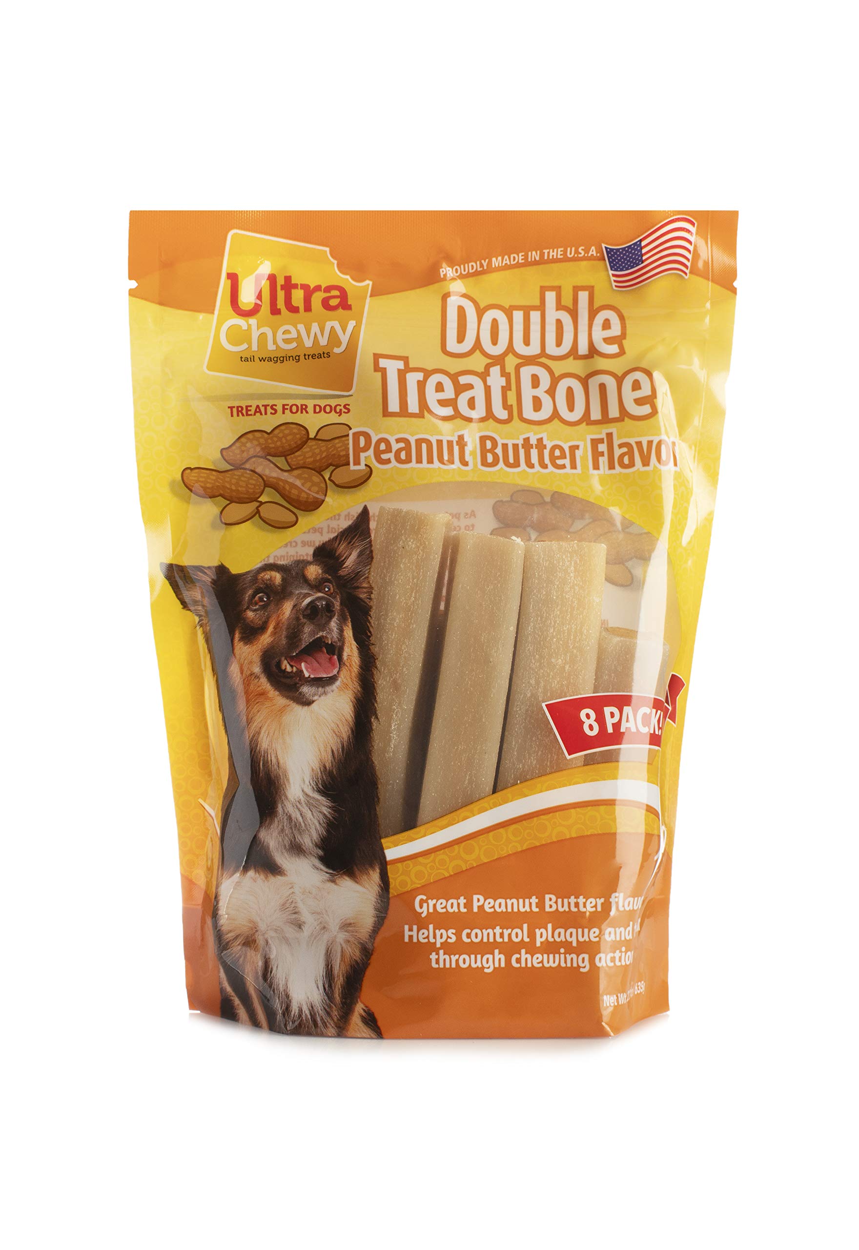 Ultra Chewy Peanut Butter Double Treat Bones support dental care while dogs chew.
