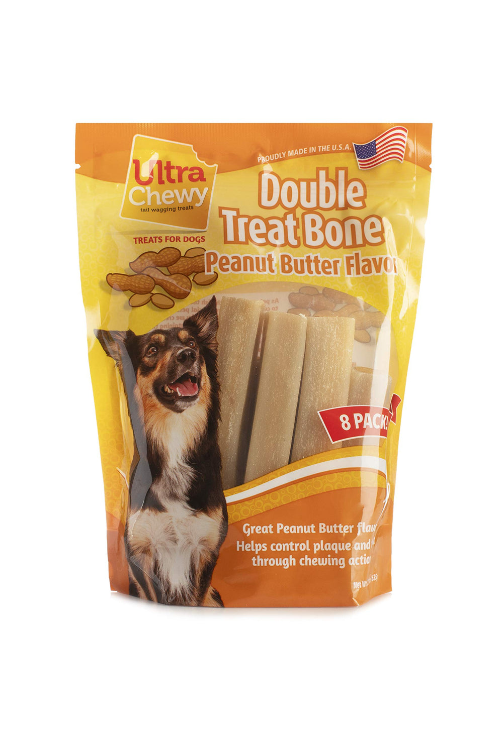 Ultra Chewy Peanut Butter Double Treat Bones support dental care while dogs chew.