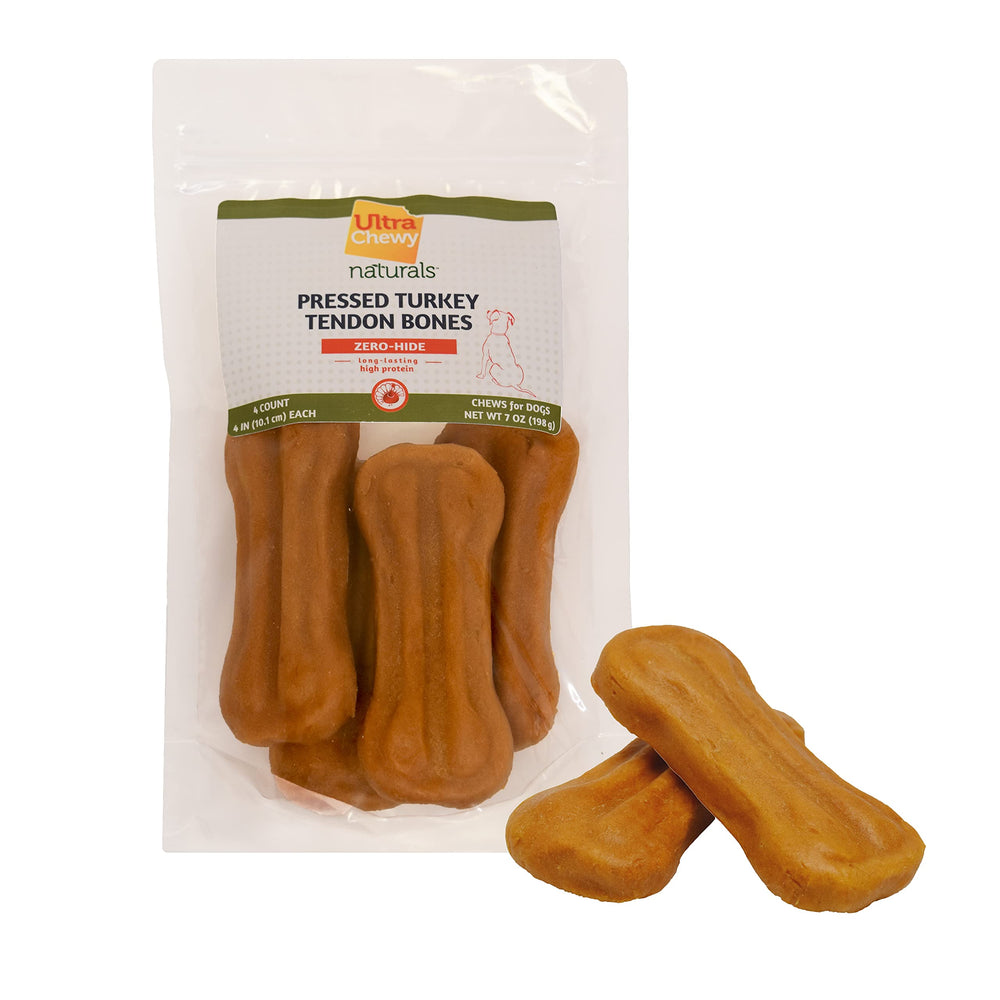 Ultra Chewy turkey tendon pressed bones long-lasting chew — helps keep dogs busy.