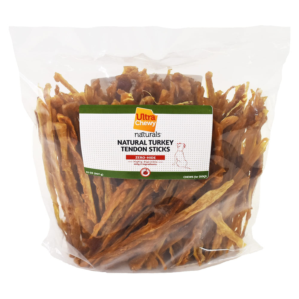 Ultra Chewy turkey tendon stick in bag, a durable long-lasting chew for dogs.