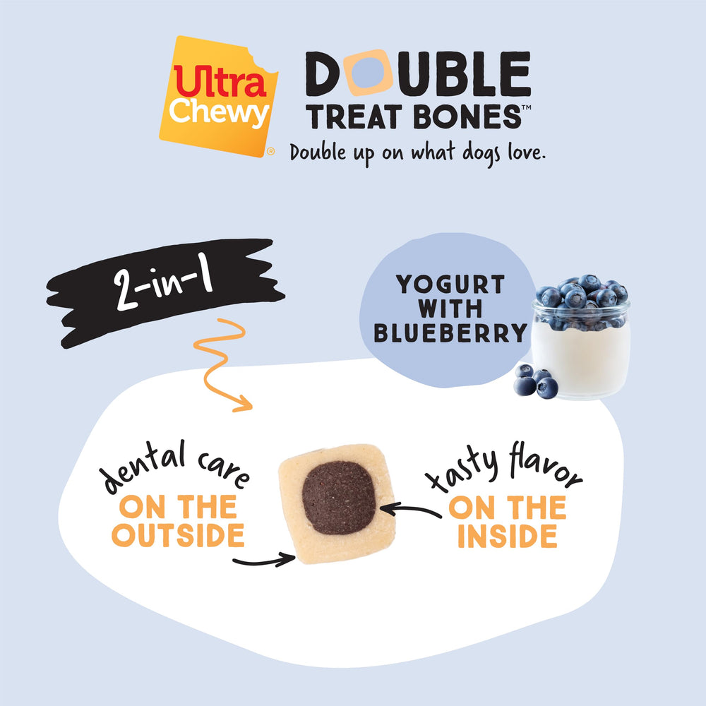 Ultra Chewy Yogurt Blueberry Double Treat Bones dog-chewing action signals high engagement