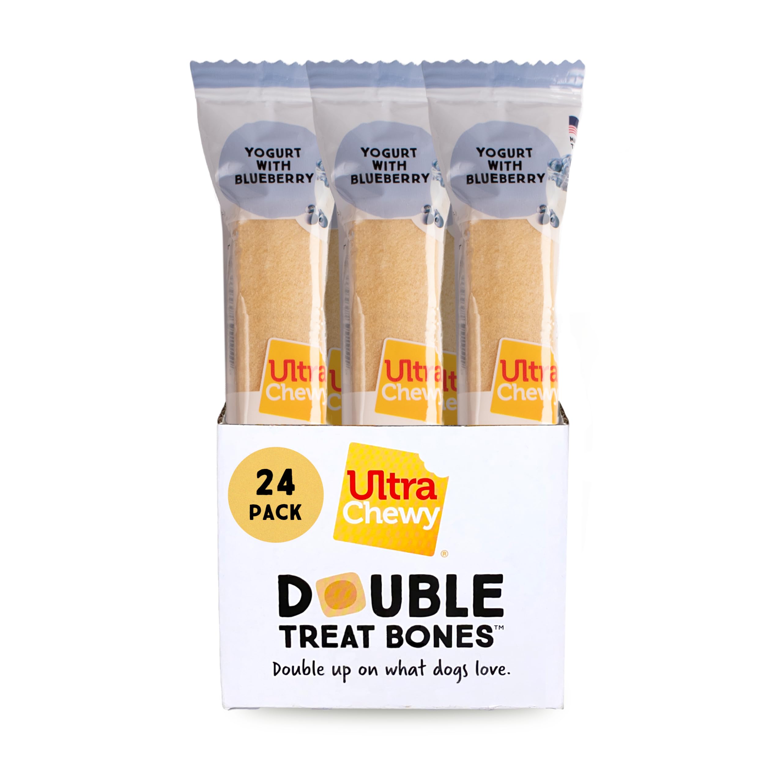 Ultra Chewy Yogurt Blueberry Double Treat Bones packshot highlights USA-made, long-lasting dog chew