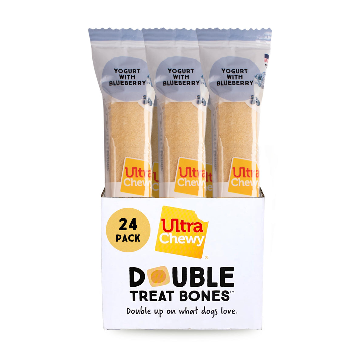 Ultra Chewy Yogurt Blueberry Double Treat Bones packshot highlights USA-made, long-lasting dog chew