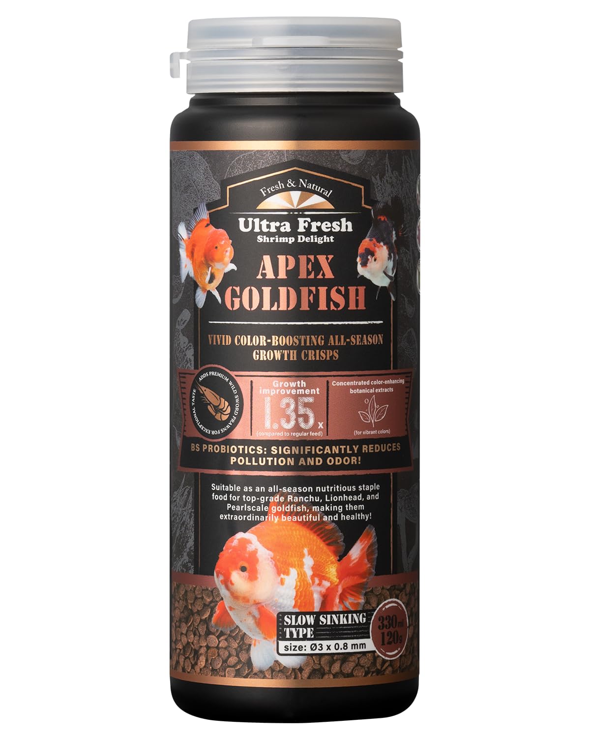 Ultra Fresh Apex Goldfish Color Boosting Crisps pack shot highlights premium ingredients and color-enhancing potential