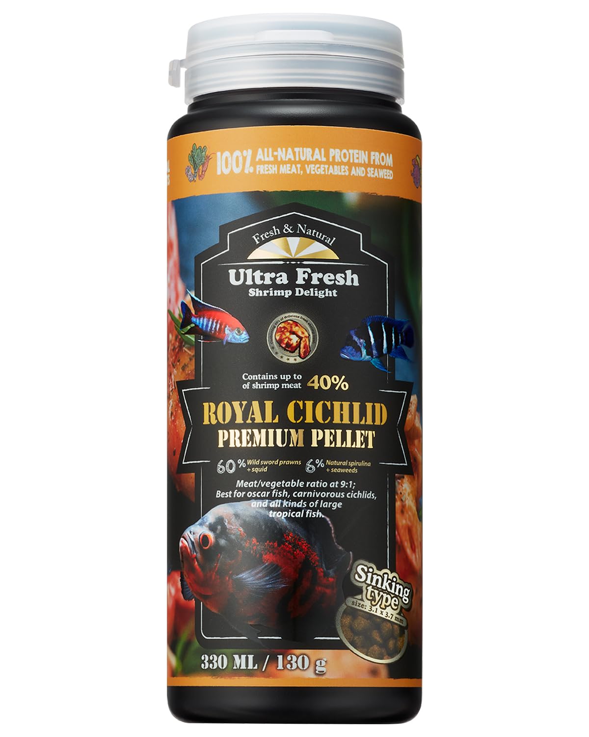 Ultra Fresh Cichlid Sinking Food bottle and pellets supports carnivorous cichlid appetites naturally