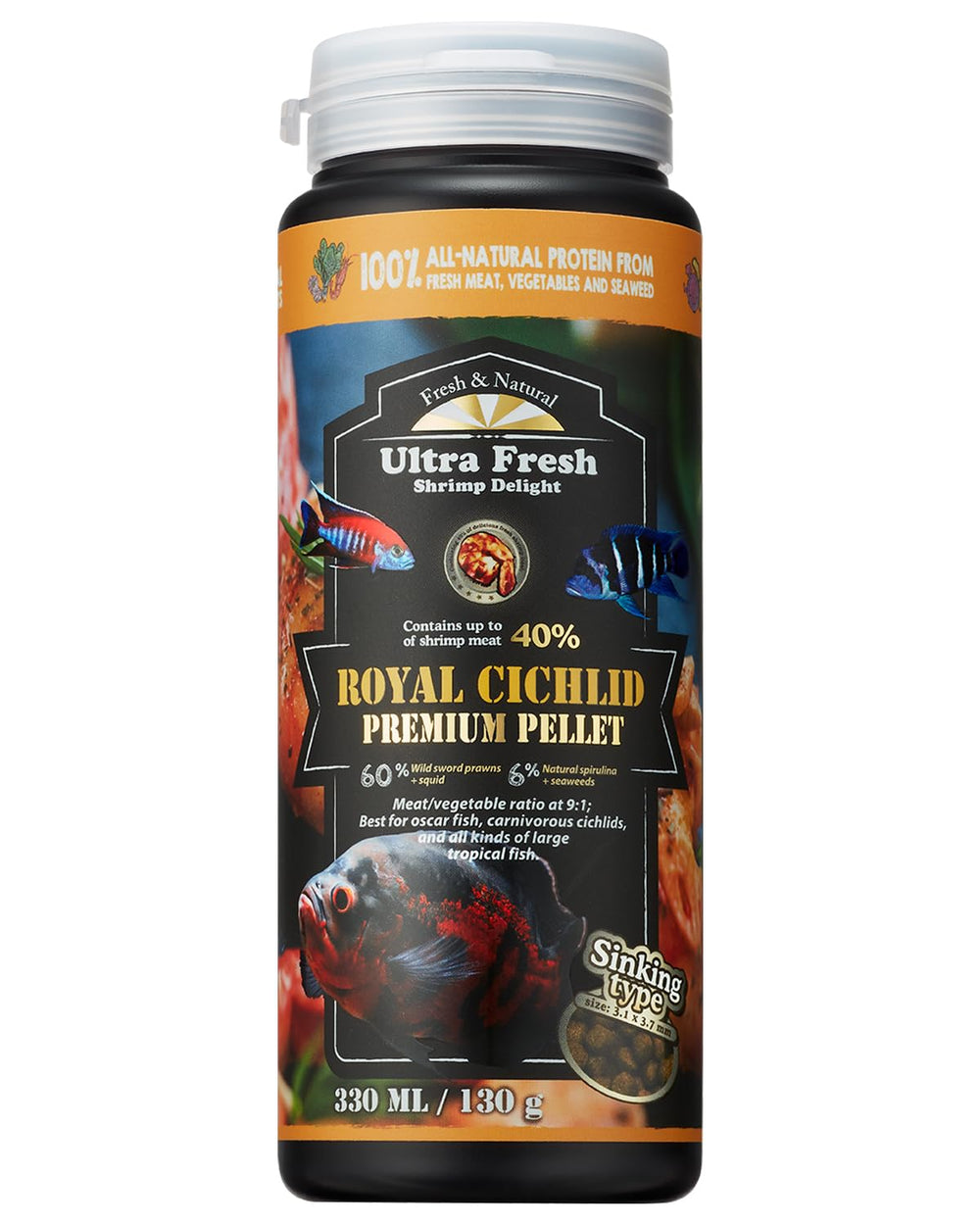Ultra Fresh Cichlid Sinking Food bottle and pellets supports carnivorous cichlid appetites naturally