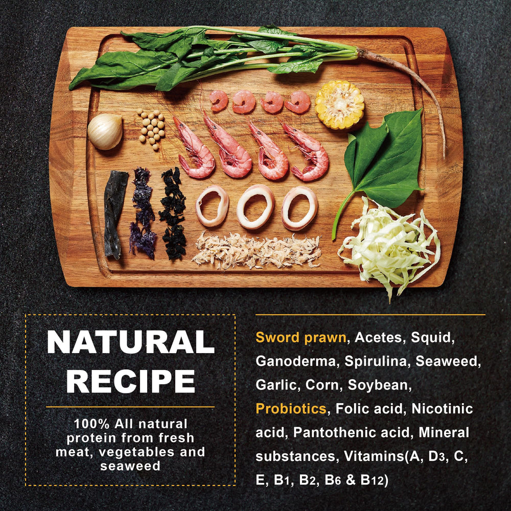 Ultra Fresh Cichlid sword prawns ingredients highlights natural, additive-free nutrition for color