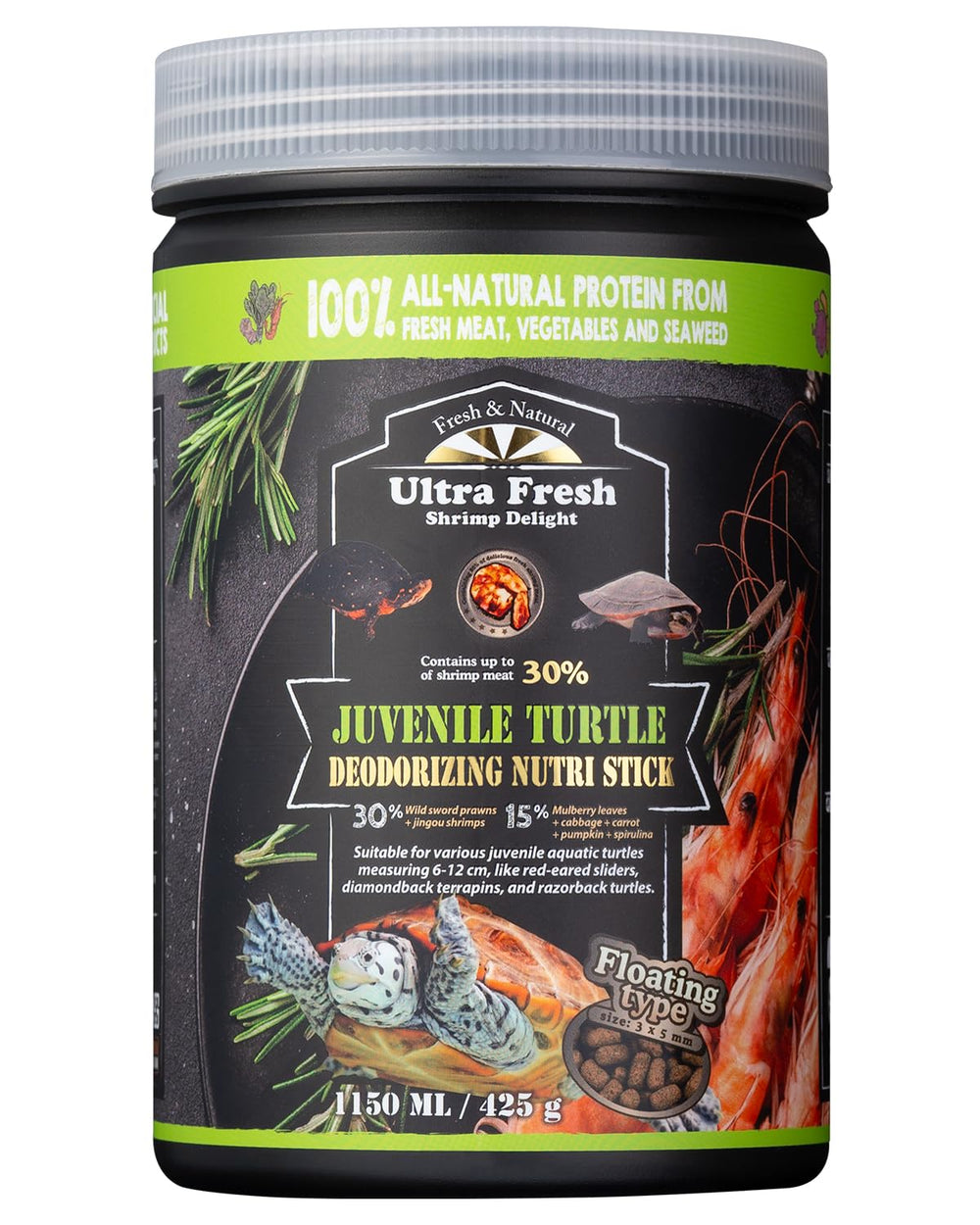 Ultra Fresh turtle food packaging on display for easy storage