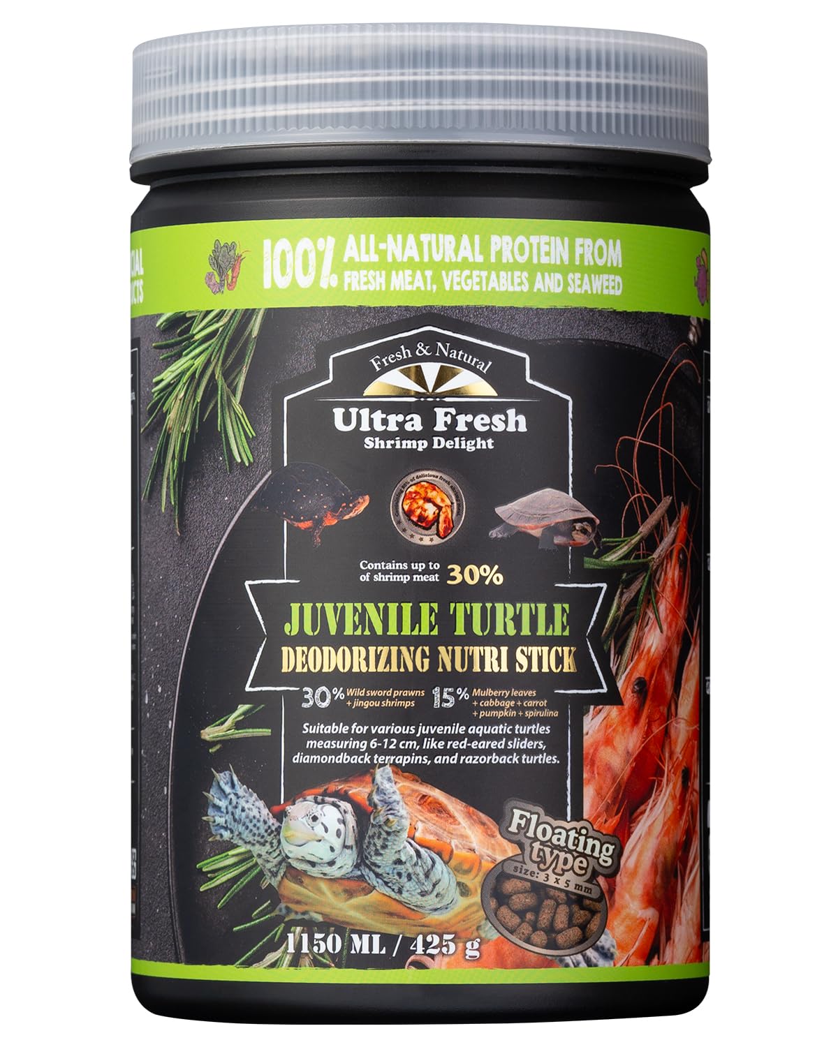 Ultra Fresh turtle food packaging on display for easy storage