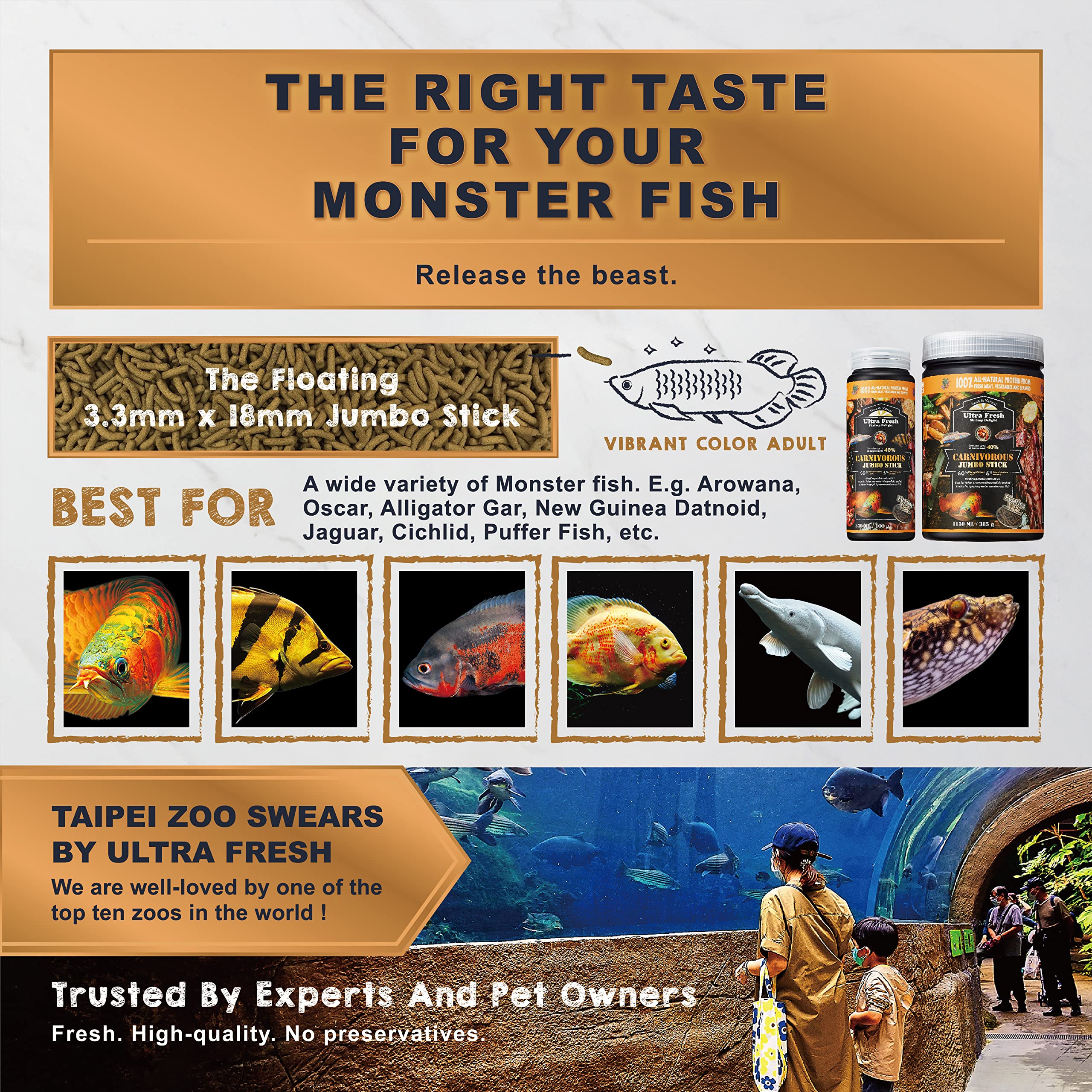 Ultra Fresh Monster Fish Food floating sticks in aquarium promoting color and appetite.