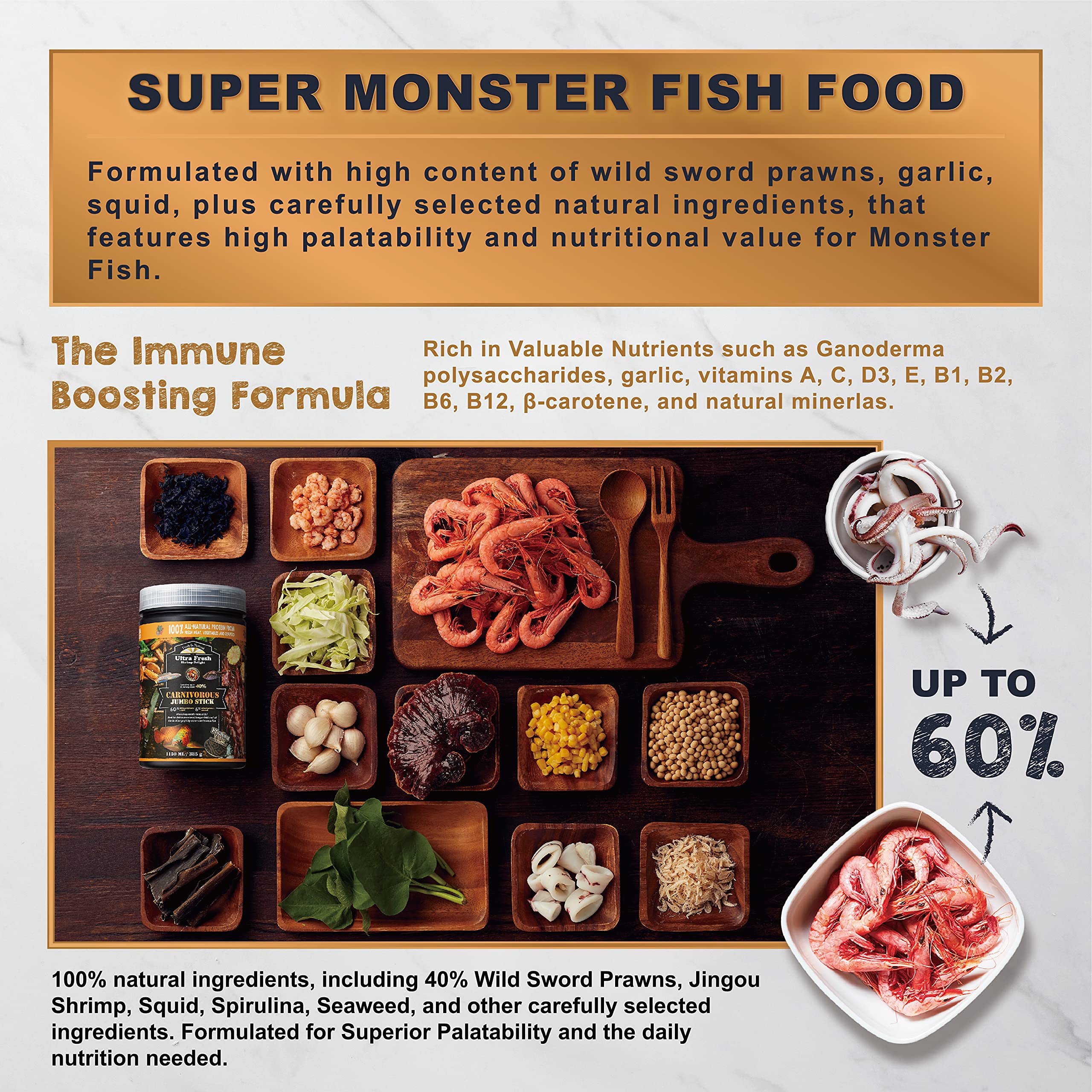 Ultra Fresh Monster Fish Food enhances natural coloration with seaweed and spirulina.