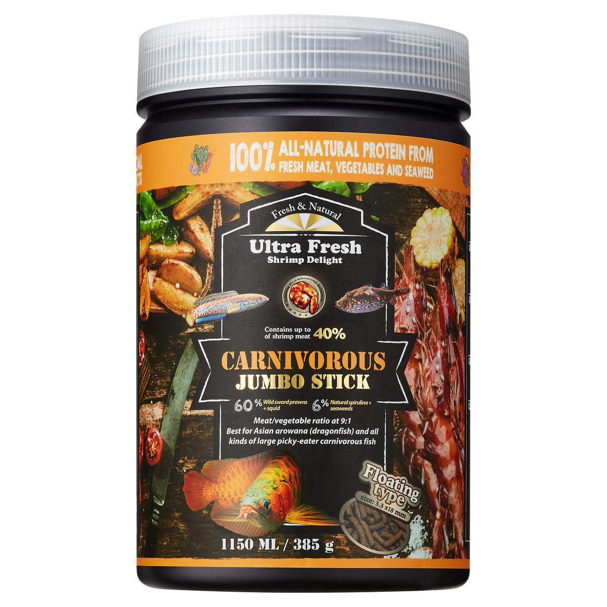 Ultra Fresh Monster Fish Food pack closeup showing premium ingredients for carnivorous large fish.