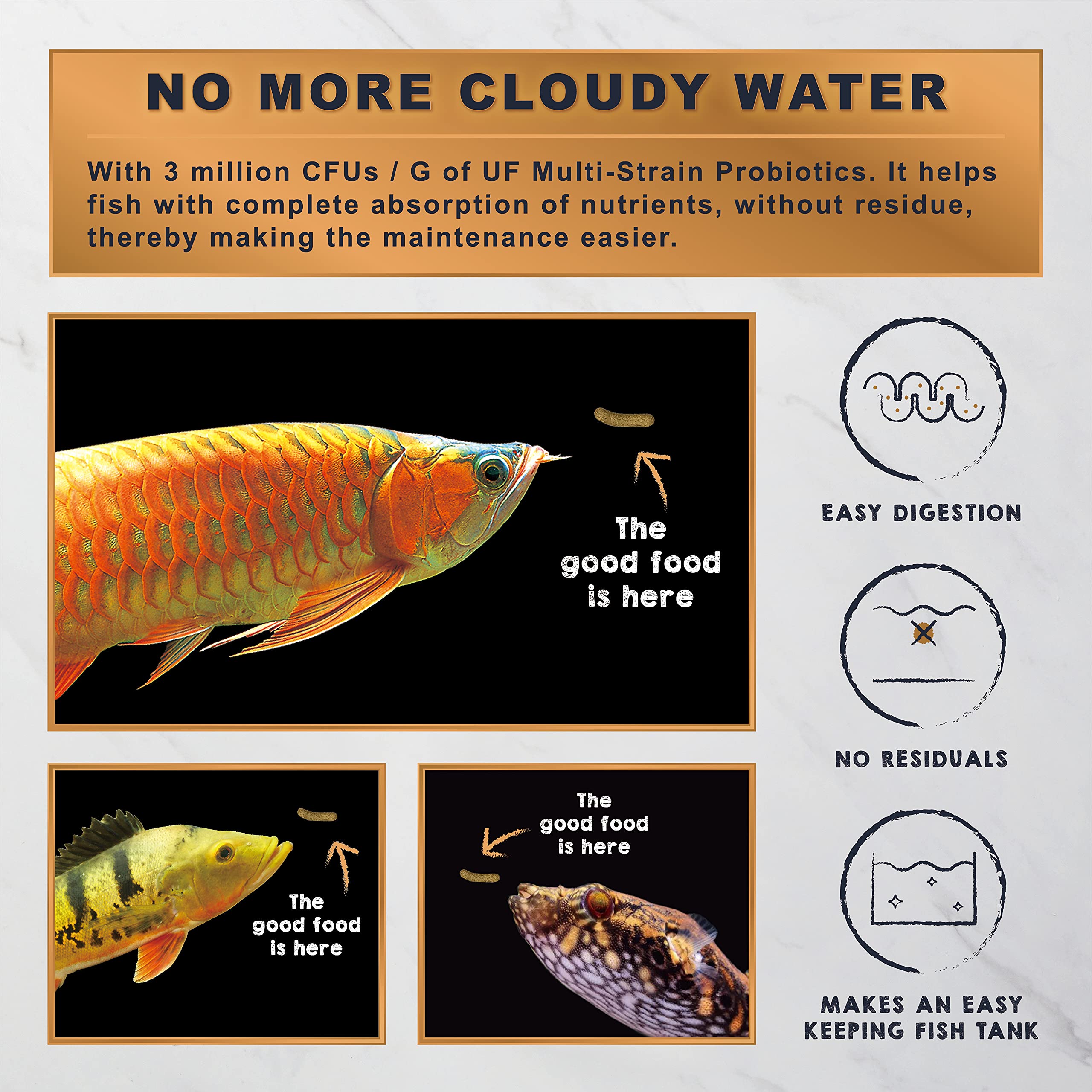 Ultra Fresh Monster Fish Food contains 3 million CFUs per gram probiotics.