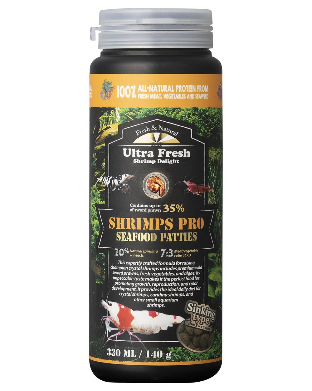 Ultra Fresh Shrimp Food bottle closeup highlights high-protein formula for healthy growth