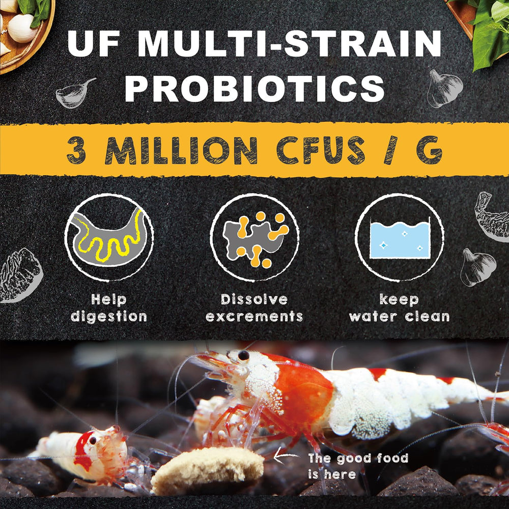 Ultra Fresh Shrimp Food in aquarium showcases crystal shrimp nibbling with energy
