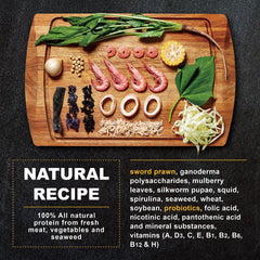 Ultra Fresh Shrimp Food nutrient ratio graphic demonstrates balanced animal-plant protein support