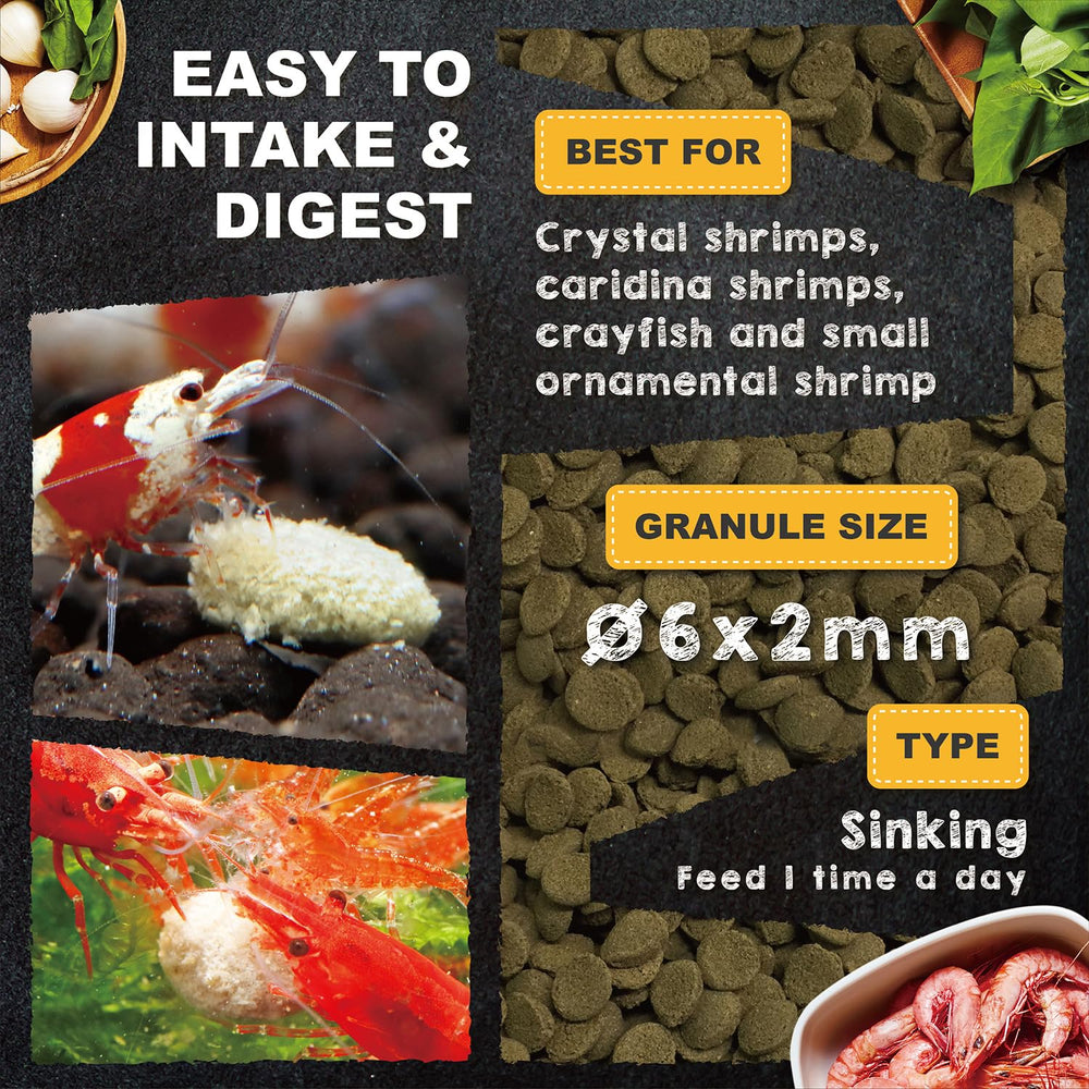 Ultra Fresh Shrimp Food pellet detail emphasizes small-portion feeding for many shrimps