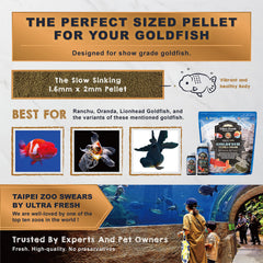 Ultra Fresh Sinking Goldfish Food pellets close-up demonstrating slow sinking for easy feeding.