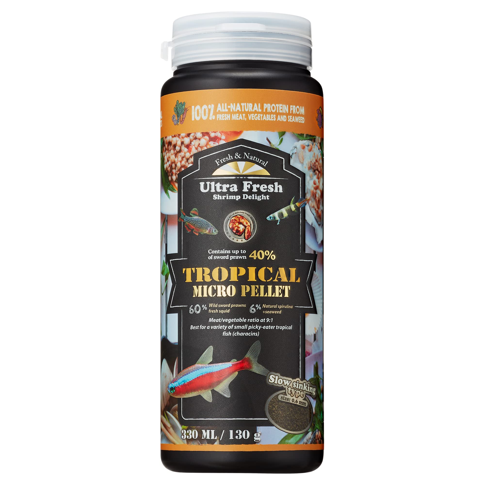 Ultra Fresh Tetra fish food packaging showcases premium ingredients for balanced nutrition.