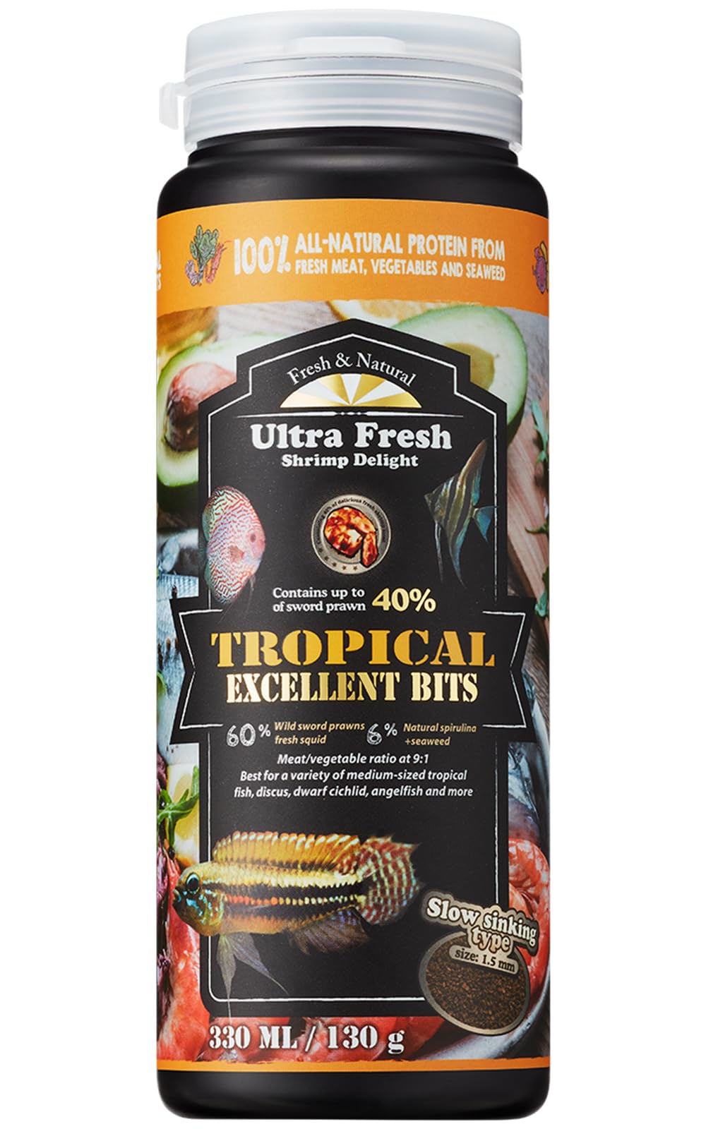 Ultra Fresh tropical fish food pellets close-up, slow-sinking for mid-size fish feeding.