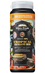 Ultra Fresh tropical fish food pellets close-up, slow-sinking for mid-size fish feeding.