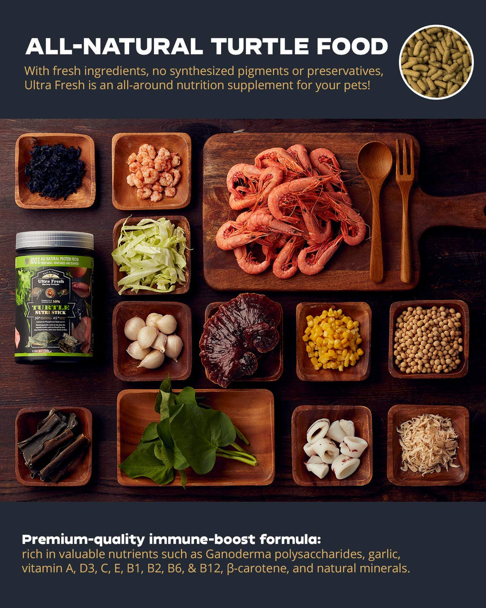 Ultra Fresh Turtle Nutri Stick calcium and vitamin D enrichment supports shell health.