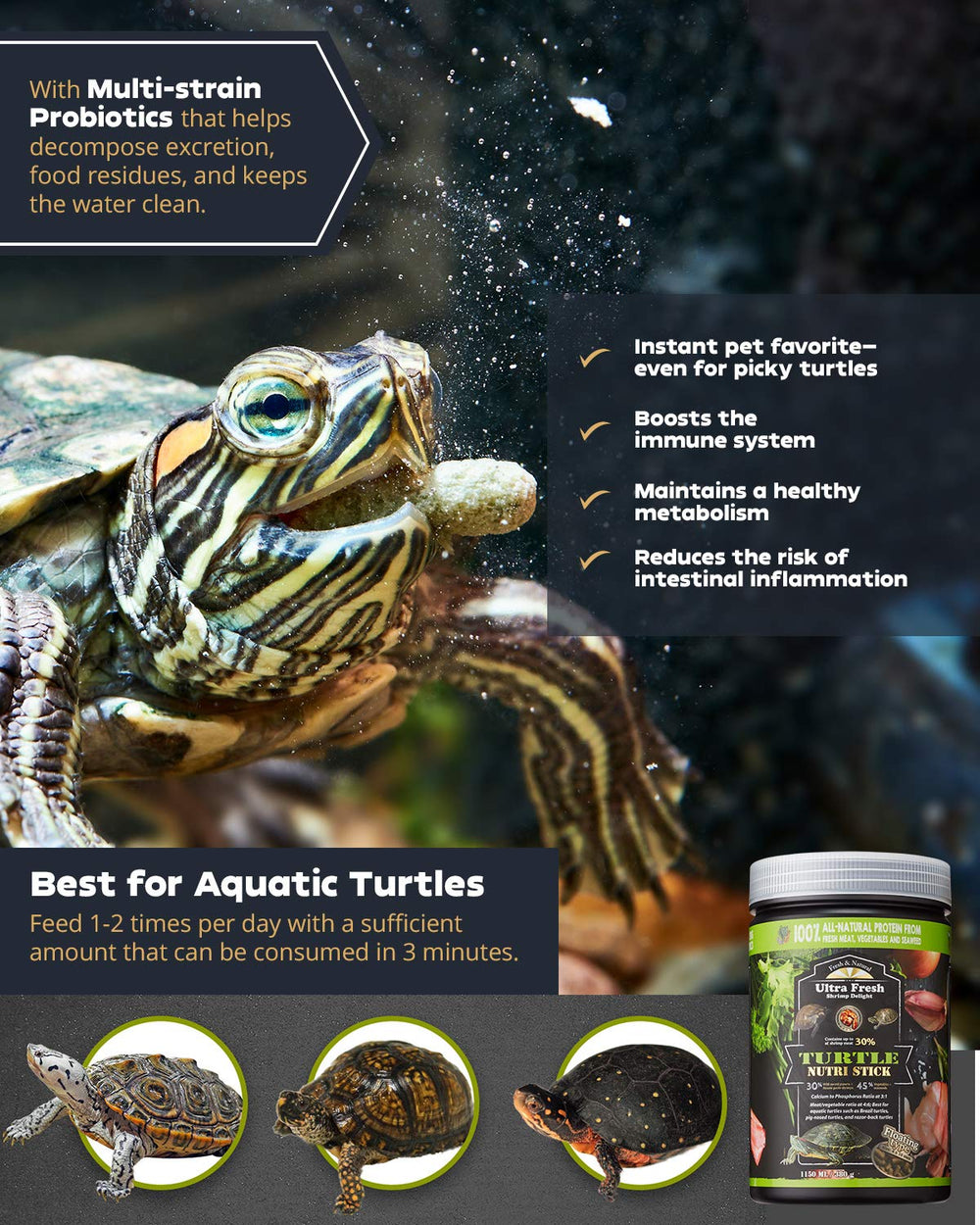 Ultra Fresh Turtle Nutri Stick remains intact for clear tank water.