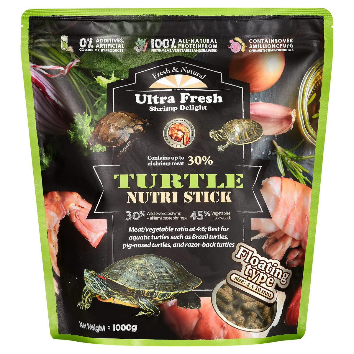 Ultra Fresh Turtle Nutri Stick bowl shows sword prawn flavor, encouraging picky turtles to eat.