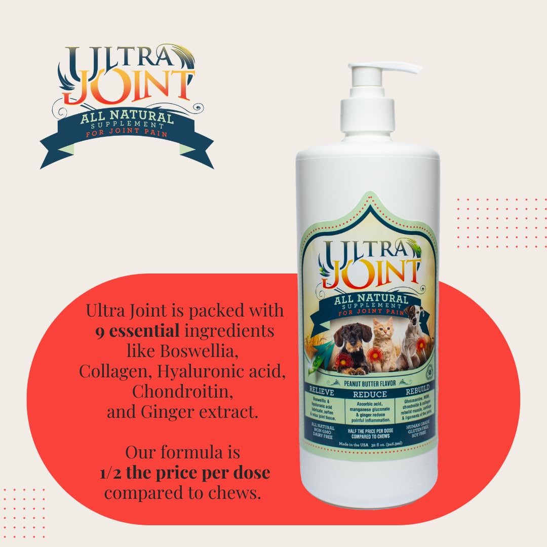 Ultra Joint pour image showing mess-free dosing for active dogs.