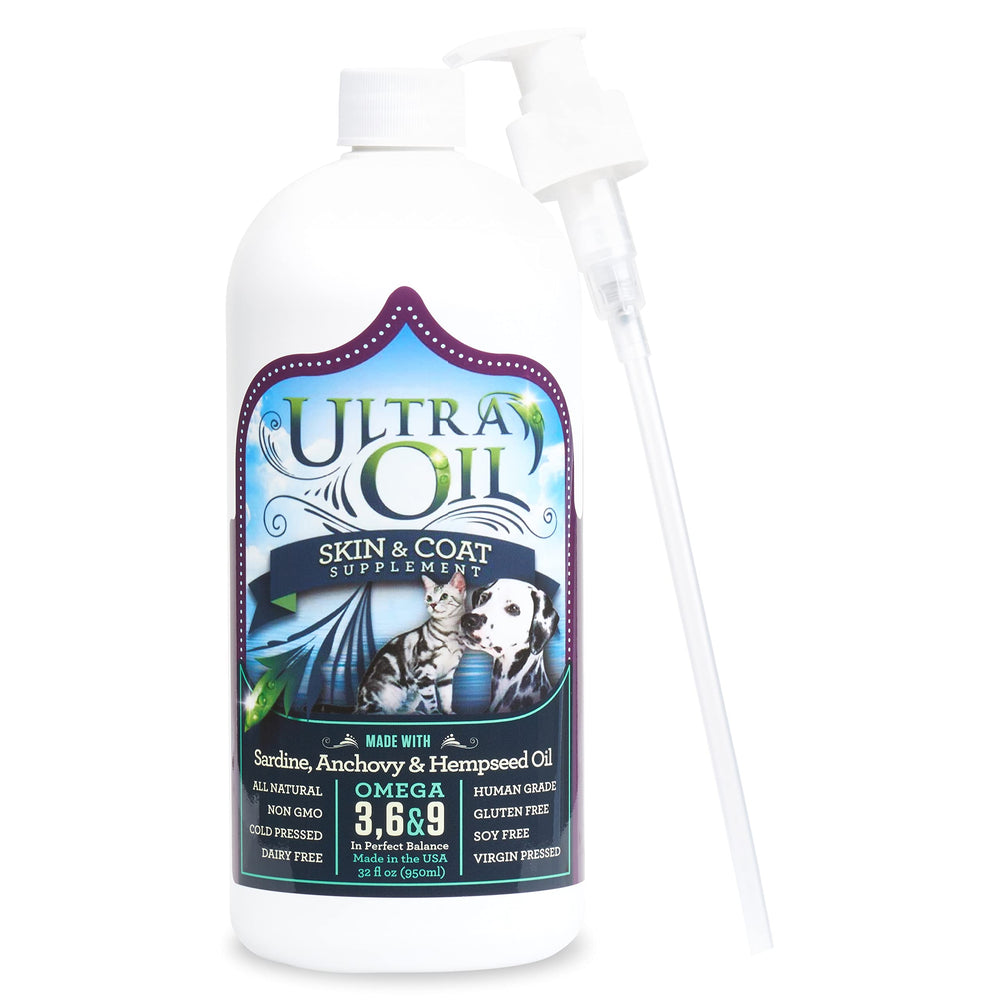 Ultra Oil bottle pour demonstrates easy dosing for healthier skin and coat.