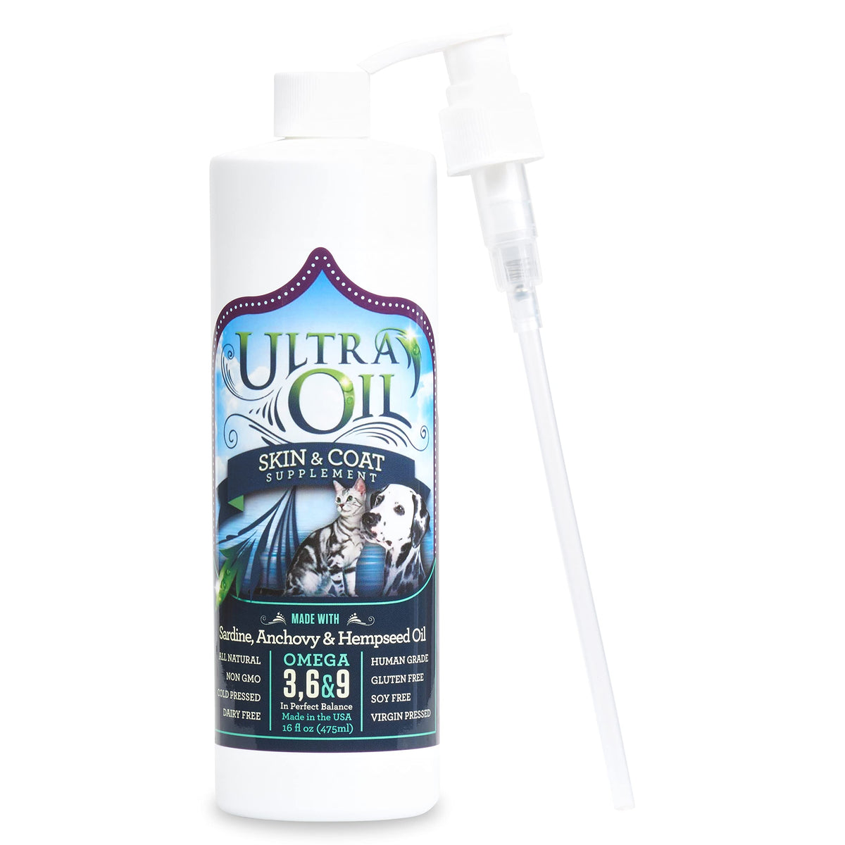 Ultra Oil skin and coat supplement bottle pour demonstrates easy pet dosing for healthy fur