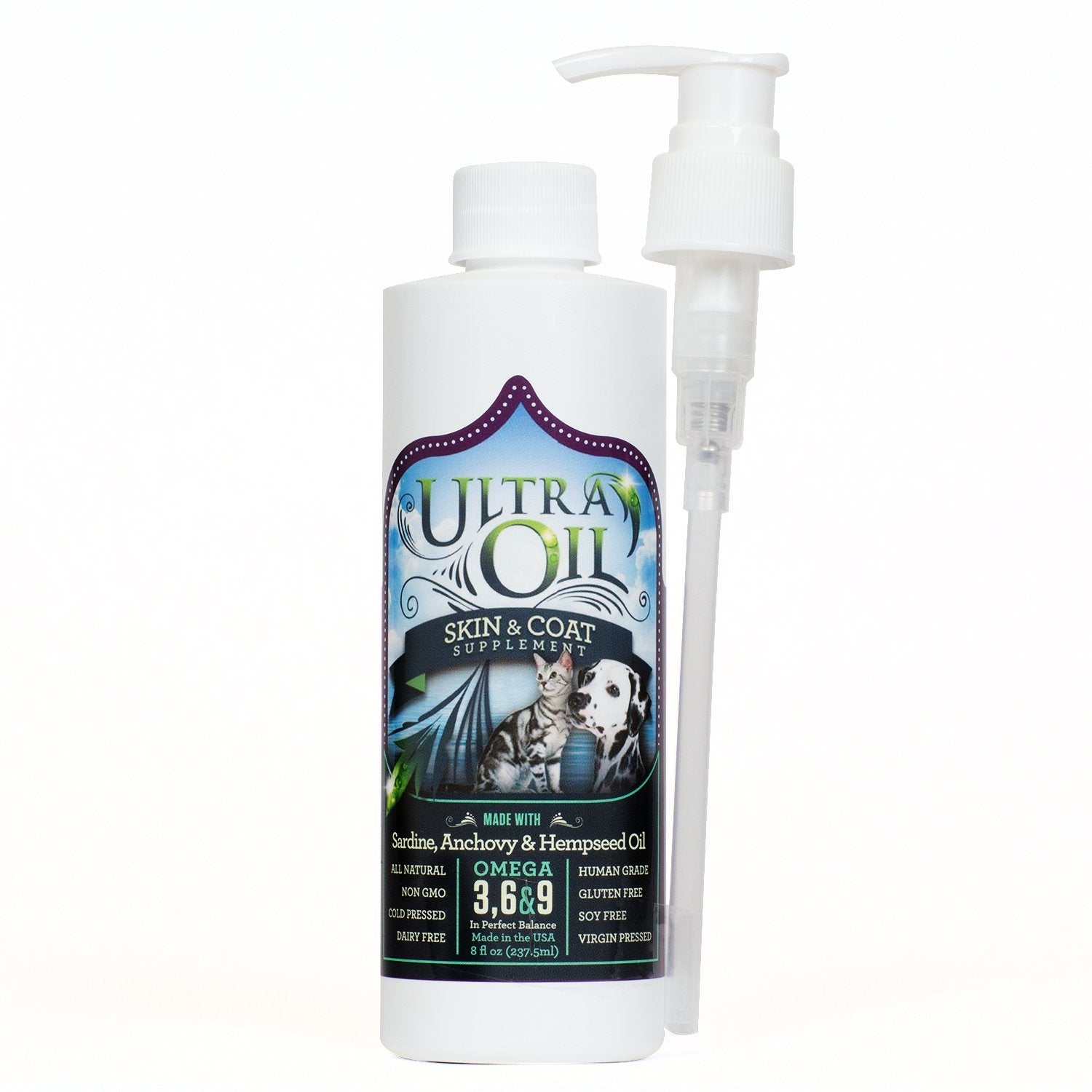 Ultra Oil Skin & Coat bottle pour demonstrates easy dosing for pets and shinier coats.
