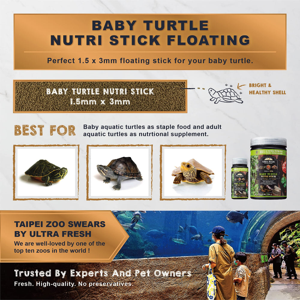 Ultra Fresh floating baby turtle food ingredients visual highlights natural proteins and vegetables.