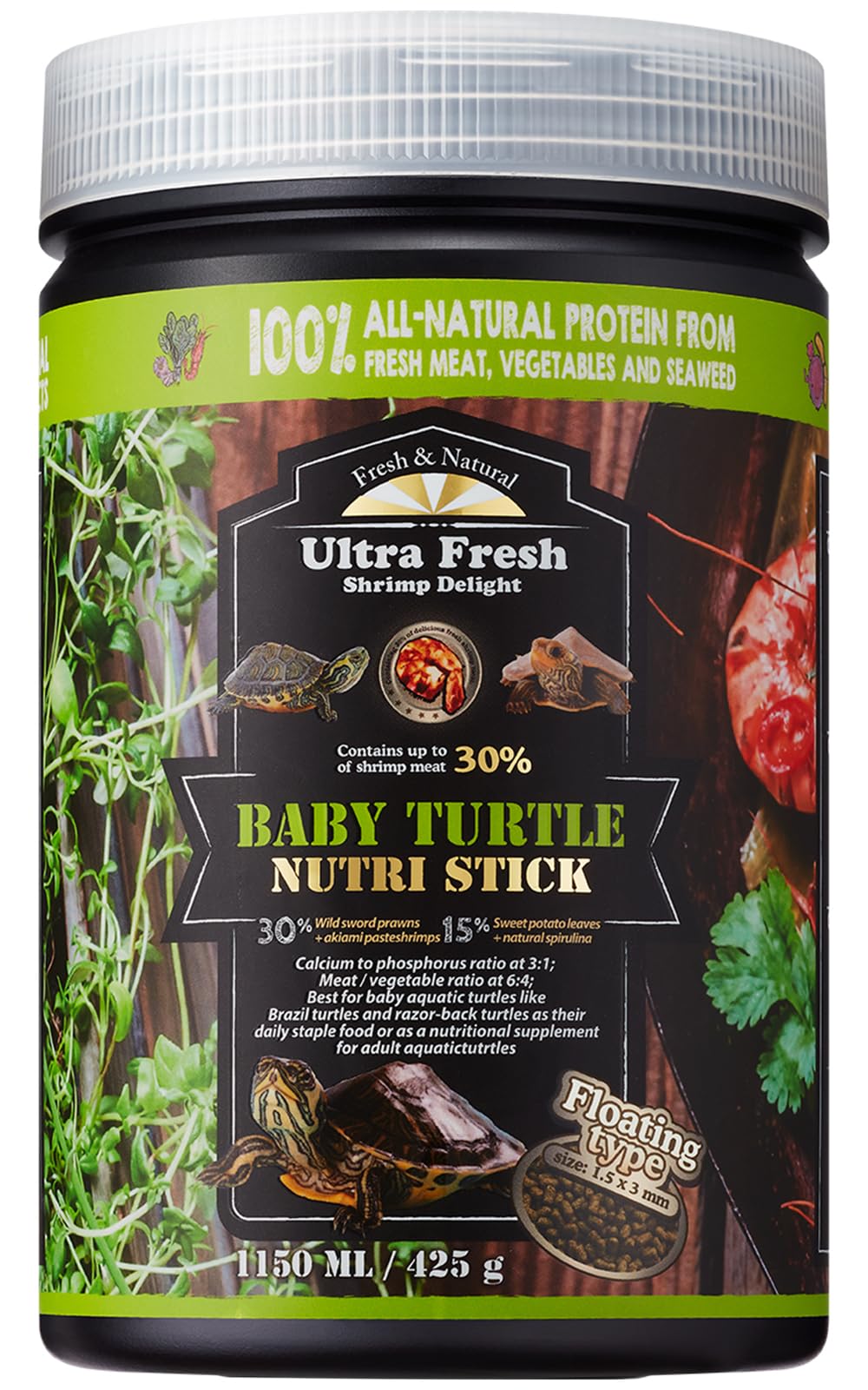 Ultra Fresh floating baby turtle food prawn flavor entices picky hatchlings.