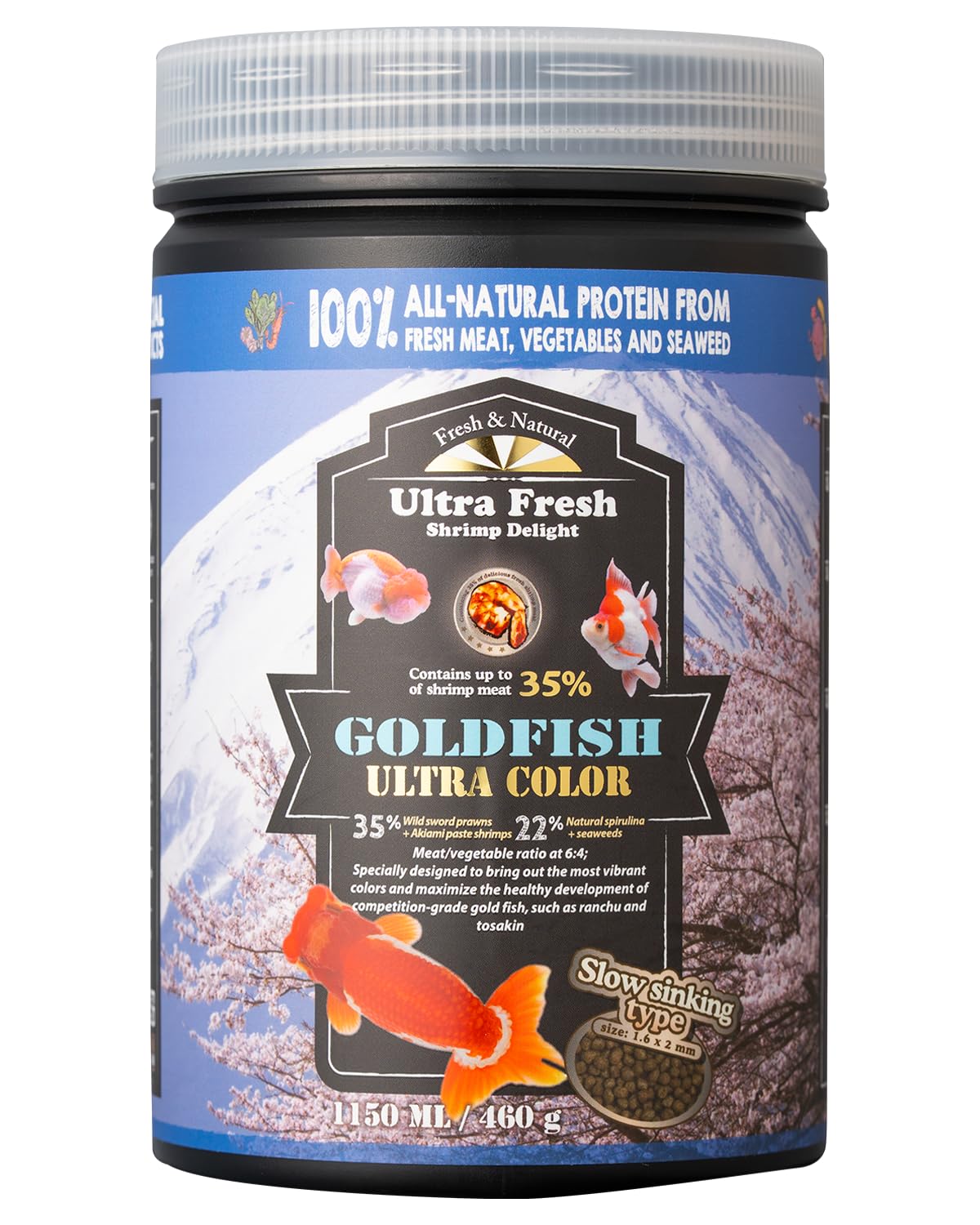 Ultra Fresh sinking goldfish food bottle with slow-sinking pellets for balanced nutrition