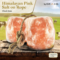 UMAID Himalayan salt lick on rope for goats provides minerals and enrichment.