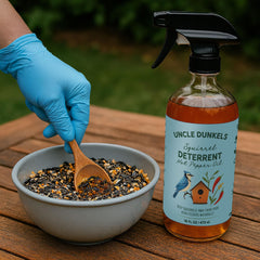Uncle Dunkels spray bottle demonstrates ready-to-use, no-dilution formula for quick protection.