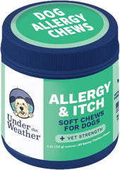 Under the Weather allergy chews for dogs bottle, supports daily comfort during seasonal flare-ups.