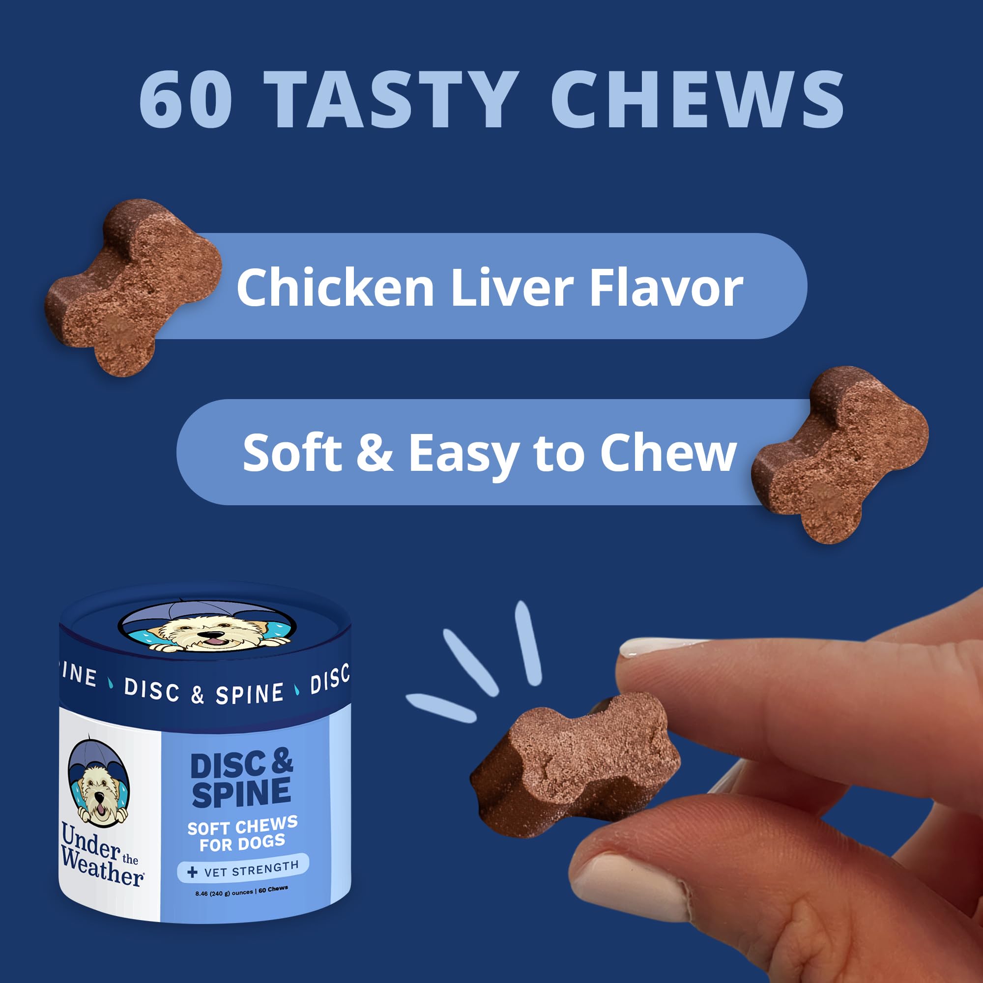 Under The Weather Disc & Spine Chews closeup of chews with chicken flavor for tasty daily spine support