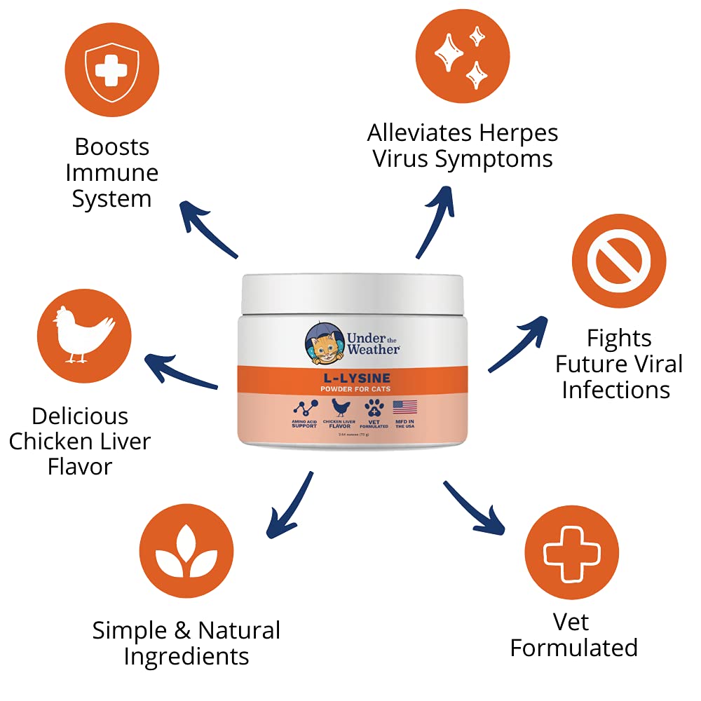 Under The Weather lysine powder being poured onto cat food for daily supplementation