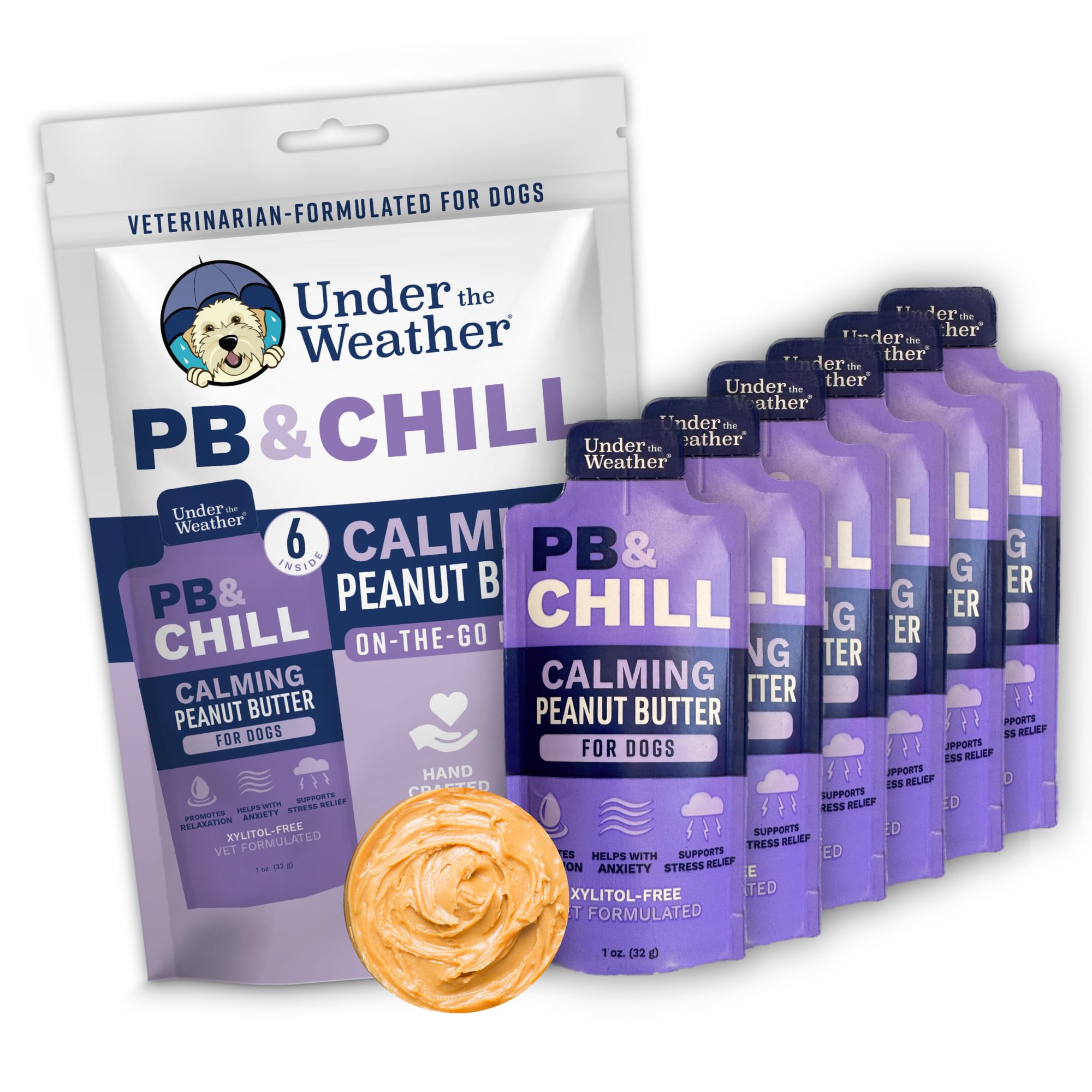 Under the Weather PB Chill front packaging showing calming dog treats with natural ingredients.