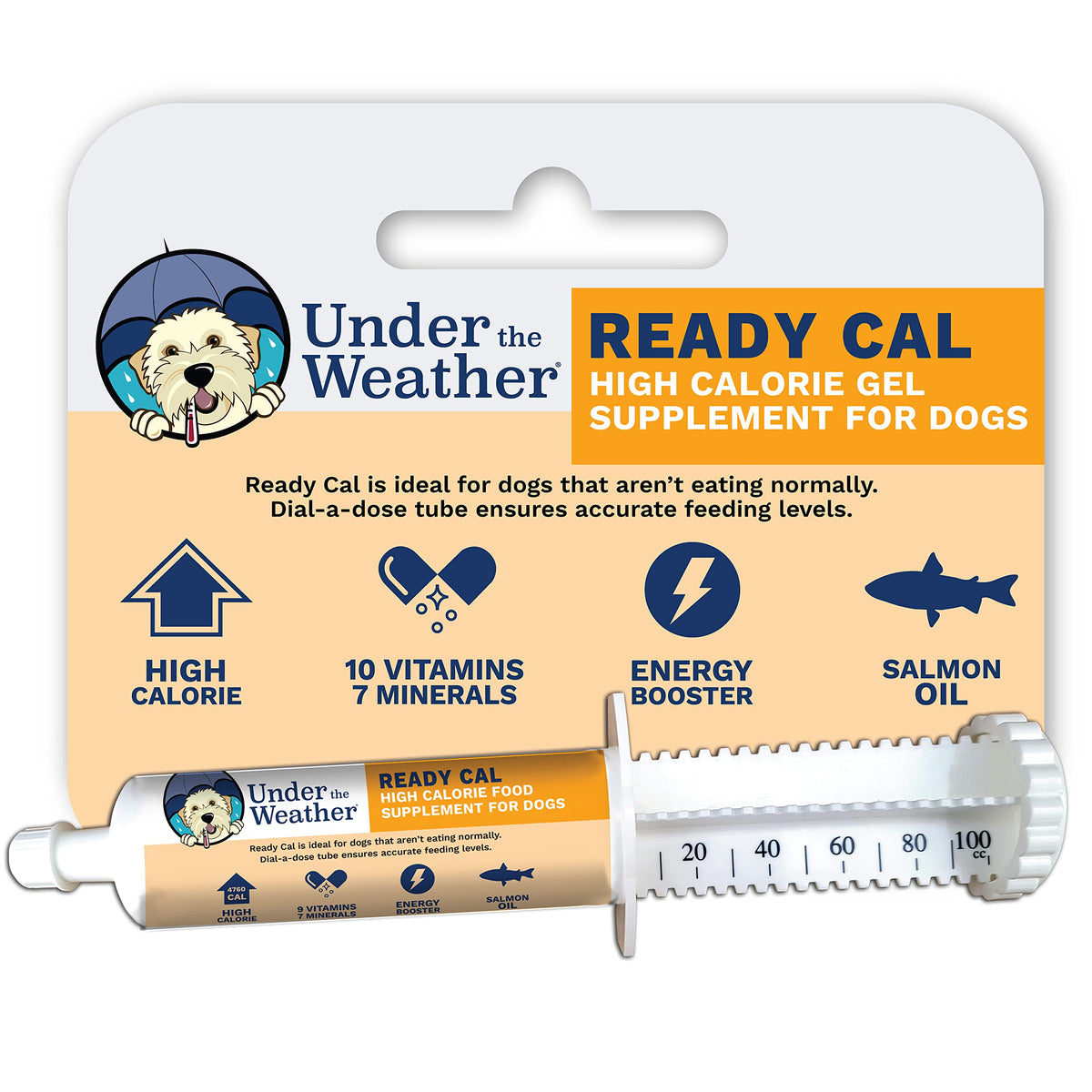 Under the Weather Ready Cal for Dogs 100cc tube close-up showing weight-gain support
