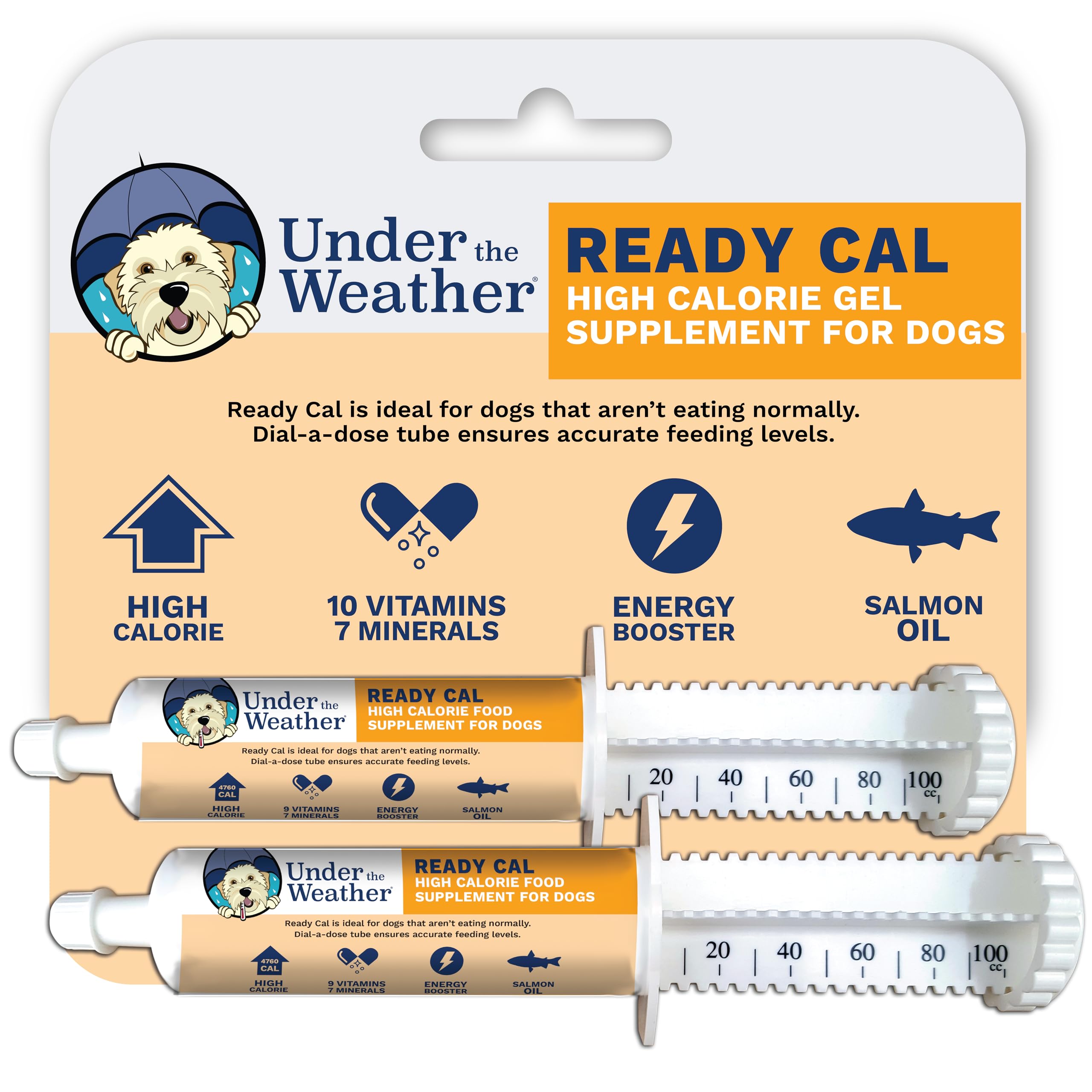 Under the Weather Ready Cal for Dogs 100cc bottle pour shows convenient high-calorie supplement for energy support