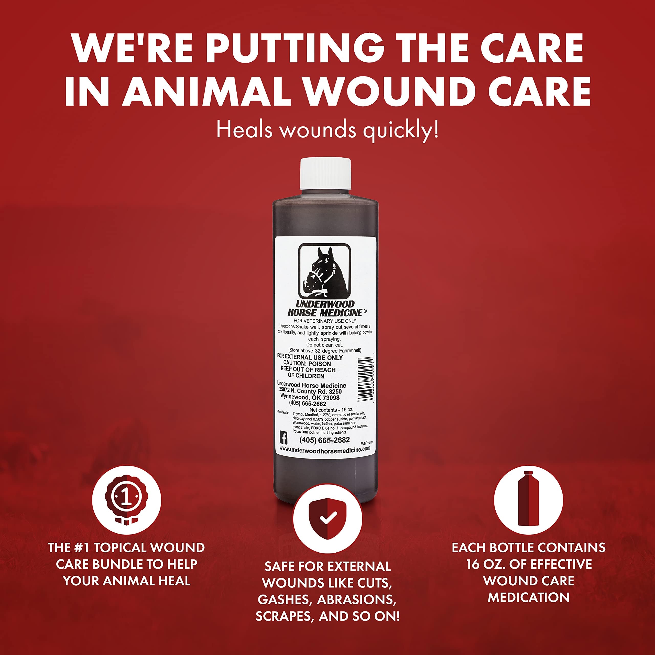 Underwood Horse Medicine baking soda dust — forms breathable protective layer after spray.