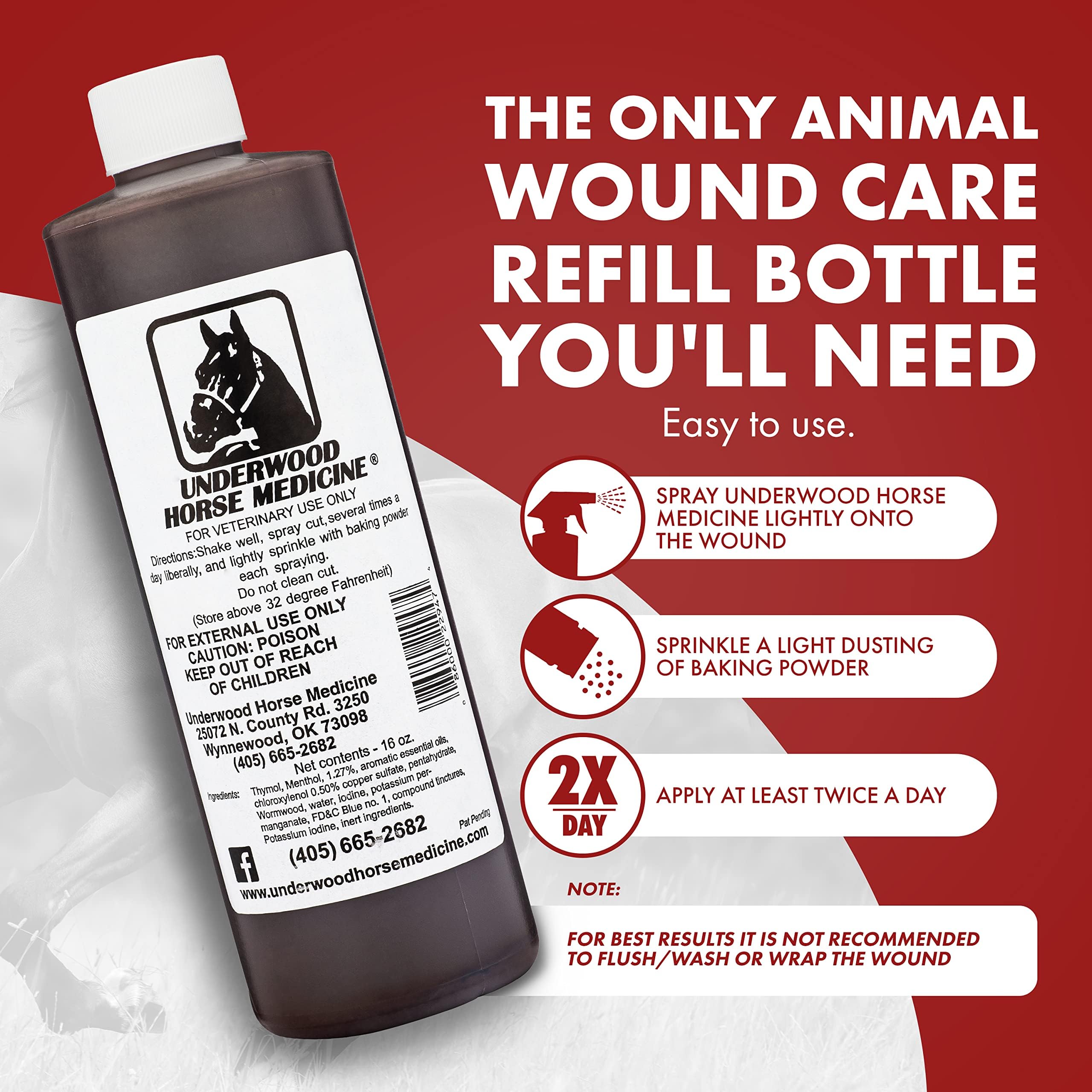 Underwood Horse Medicine breathable scab action — keeps dust and debris off wounds.